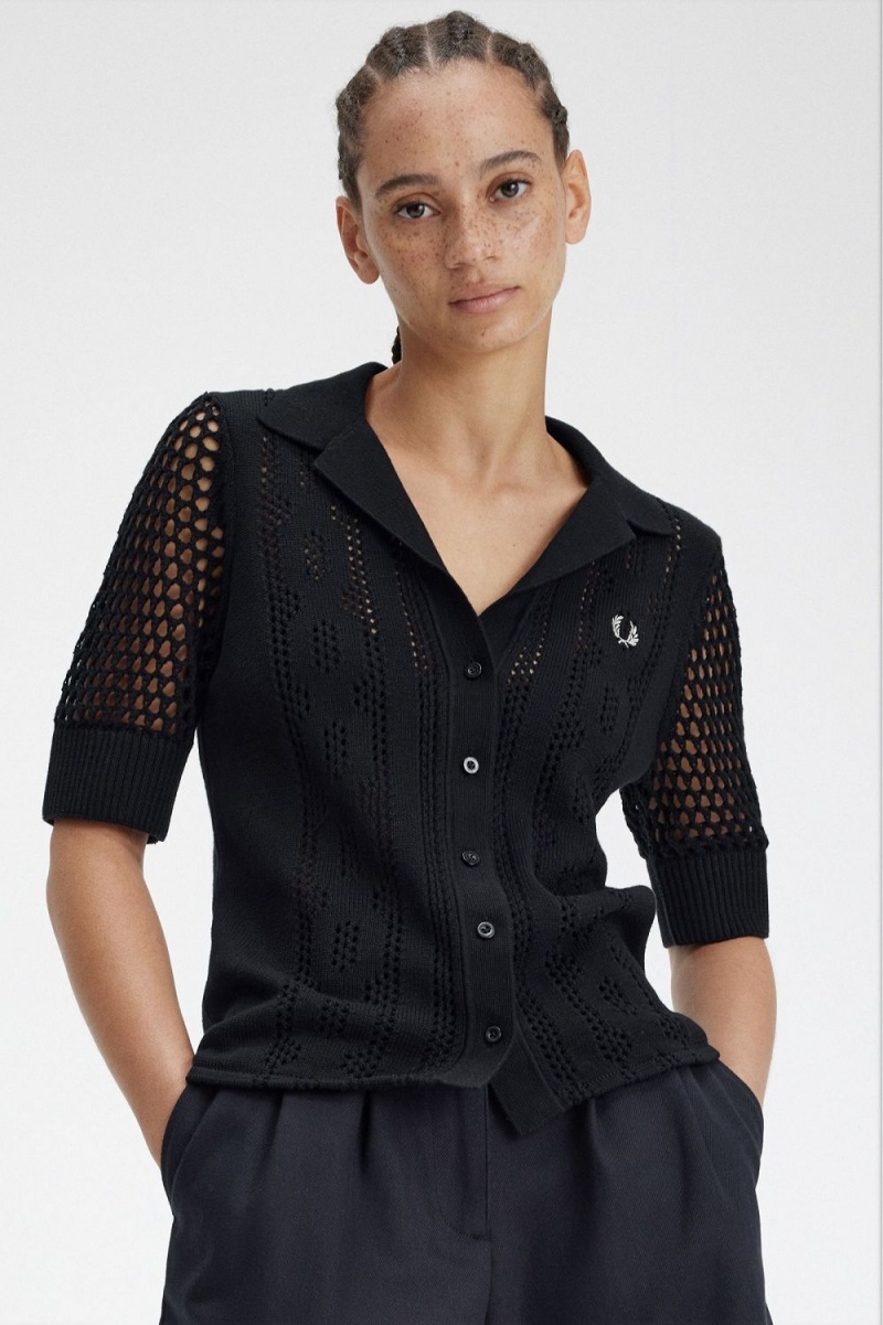 Fred Perry Open-Knit Button-Through Women's Shirt Black | TJRNG7480