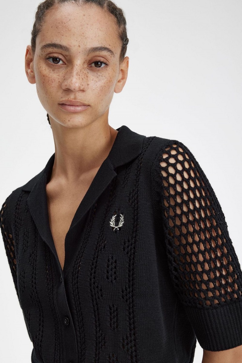 Fred Perry Open-Knit Button-Through Women's Shirt Black | TJRNG7480