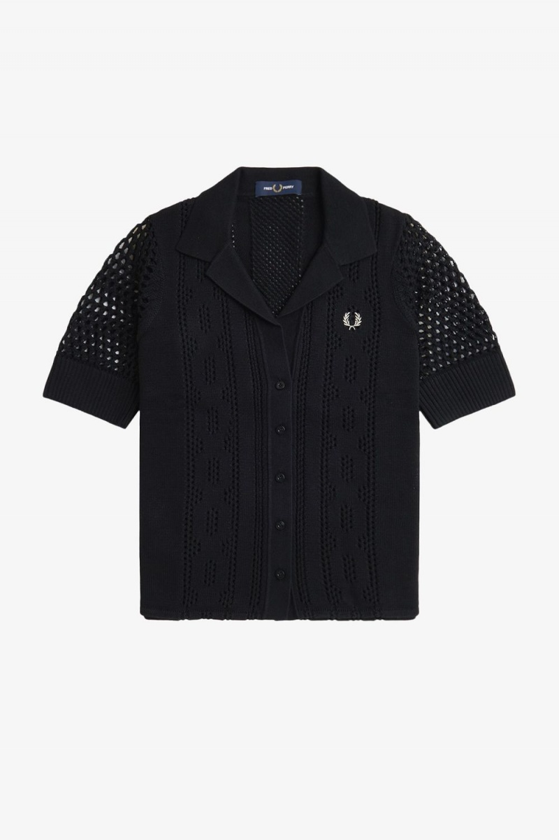 Fred Perry Open-Knit Button-Through Women's Shirt Black | TJRNG7480