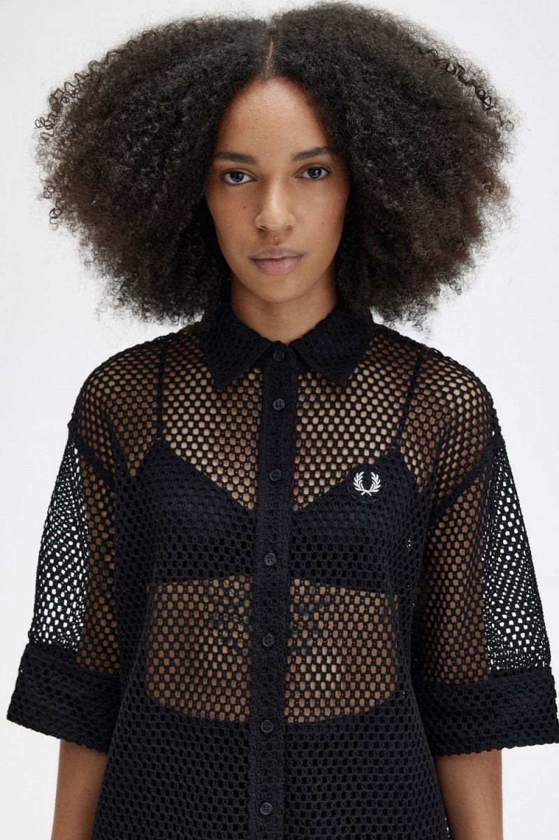 Fred Perry Open-Knit Shirt Women's Dress Black | VZNCE5038