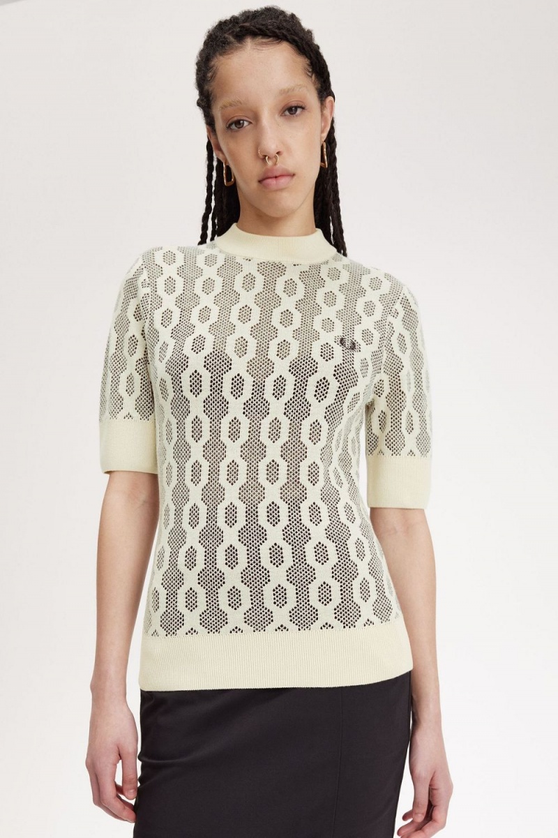 Fred Perry Open-Knit Short Sleeve Women's Jumper Oatmeal | QYETP6958