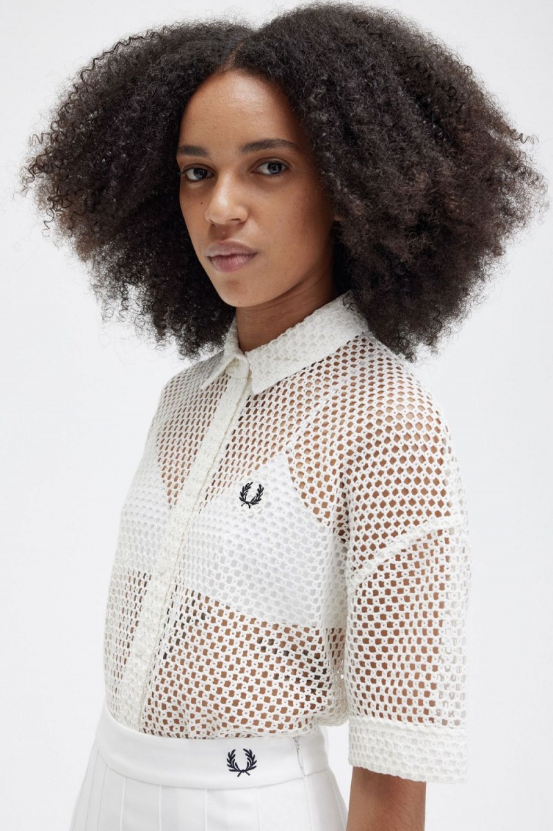 Fred Perry Open-Knit Women's Shirt Snow White | UGVMT6751