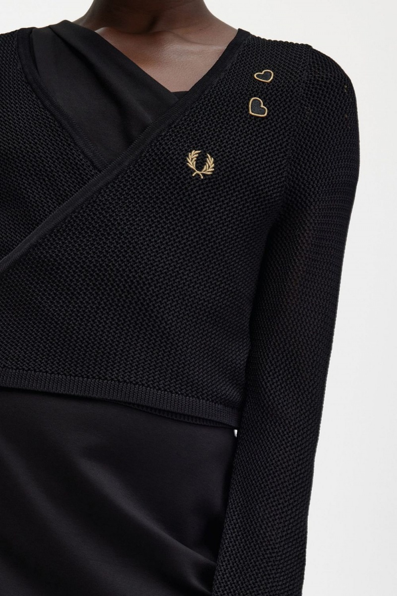 Fred Perry Open-Knit Wrap Women's Cardigan Black | HLIND2803