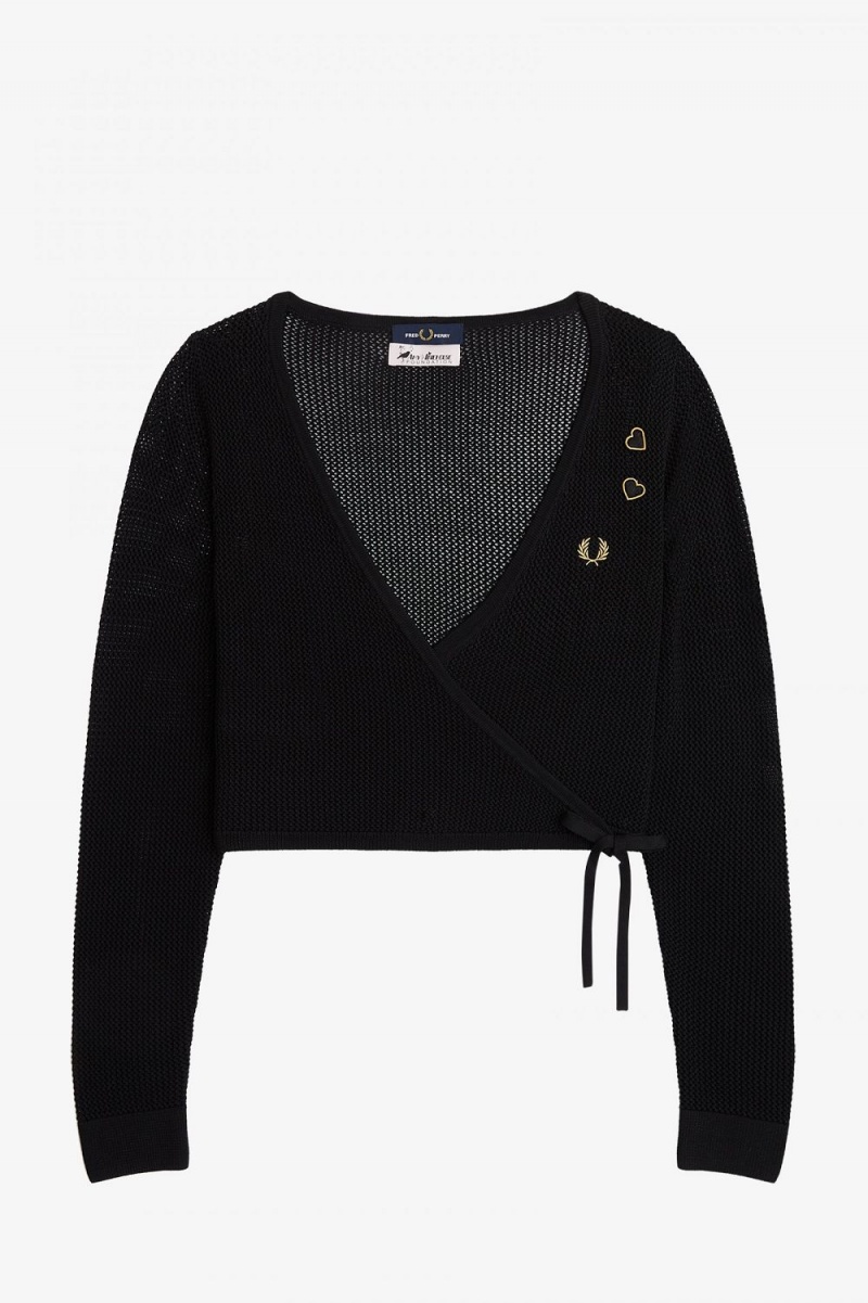 Fred Perry Open-Knit Wrap Women's Cardigan Black | HLIND2803