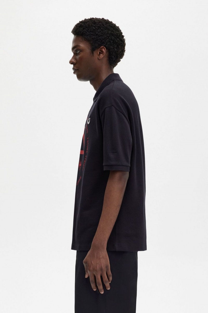 Fred Perry Oversized Printed Men's Polo Shirt Navy Blue | WAKHO9208