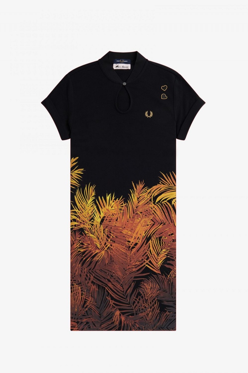 Fred Perry Palm Print Piqué Women's Dress Black | AGOWR8546