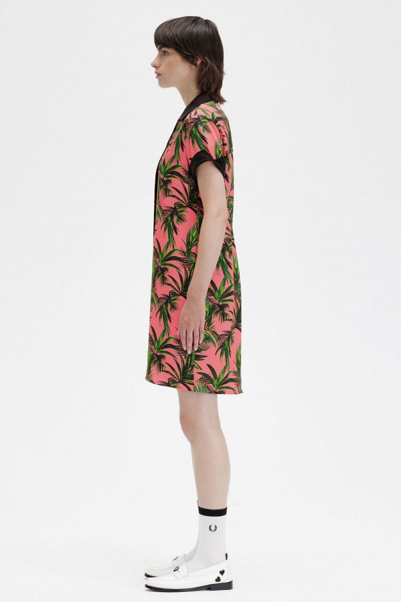 Fred Perry Palm Print Shirt Women's Dress Coral Heat | PCBAX4675