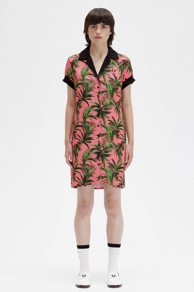 Fred Perry Palm Print Shirt Women\'s Dress Coral Heat | PCBAX4675