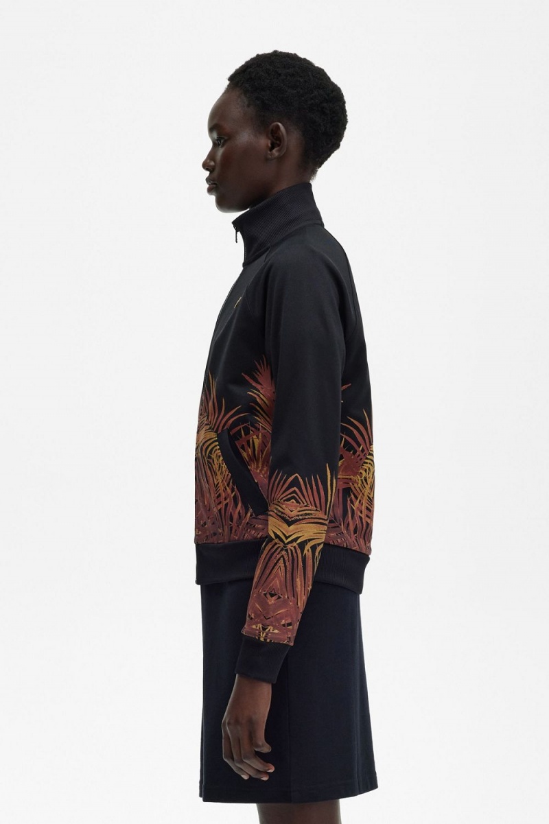 Fred Perry Palm Print Track Women's Jackets Black | CQAIW1926