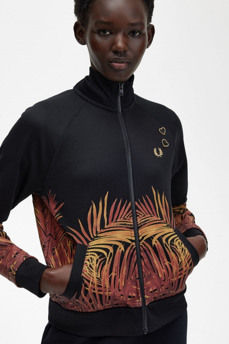 Fred Perry Palm Print Track Women's Jackets Black | CQAIW1926