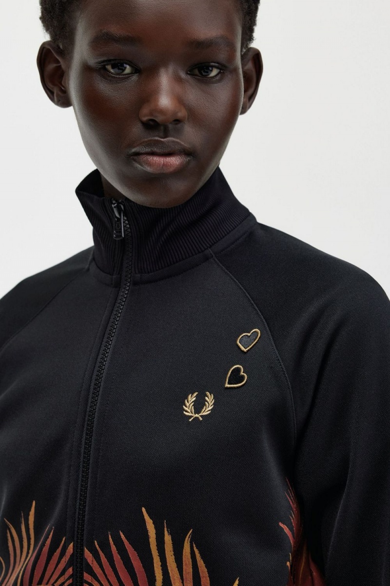 Fred Perry Palm Print Track Women's Jackets Black | CQAIW1926