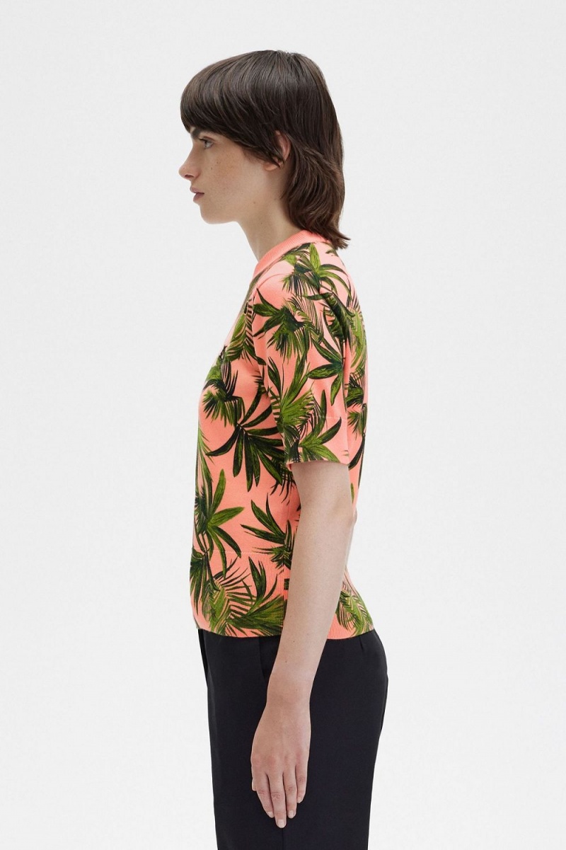 Fred Perry Palm Print Women's Jumper Coral Heat | HFKNR9205