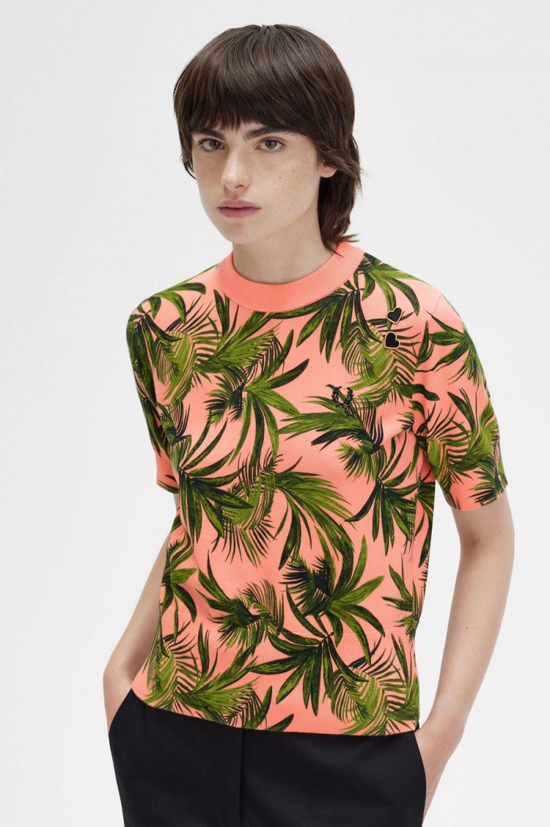 Fred Perry Palm Print Women's Jumper Coral Heat | HFKNR9205