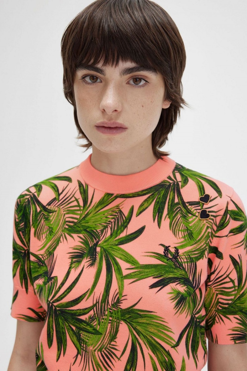 Fred Perry Palm Print Women's Jumper Coral Heat | HFKNR9205