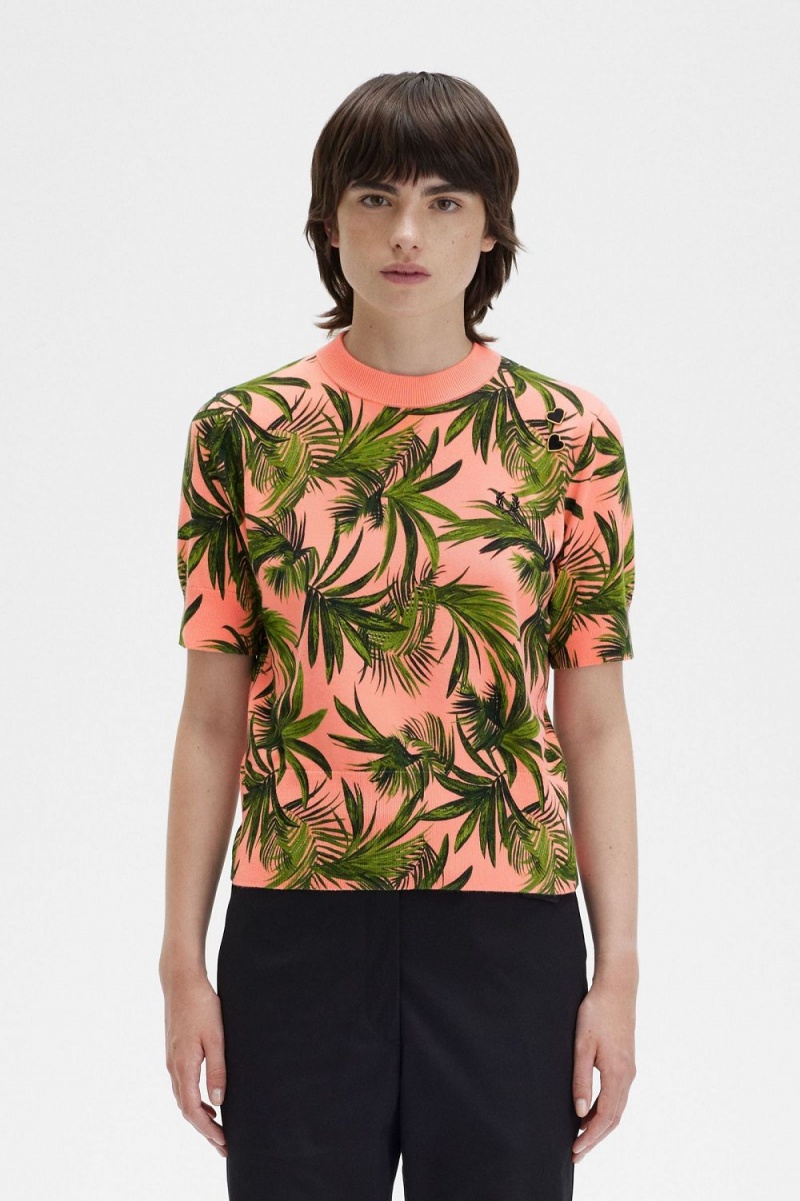 Fred Perry Palm Print Women\'s Jumper Coral Heat | HFKNR9205