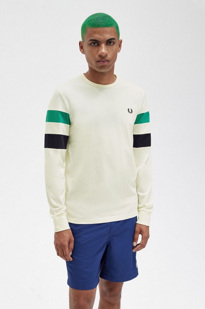 Fred Perry Panelled Sleeve Long Sleeve Men's T-Shirt Beige | JNARP1234