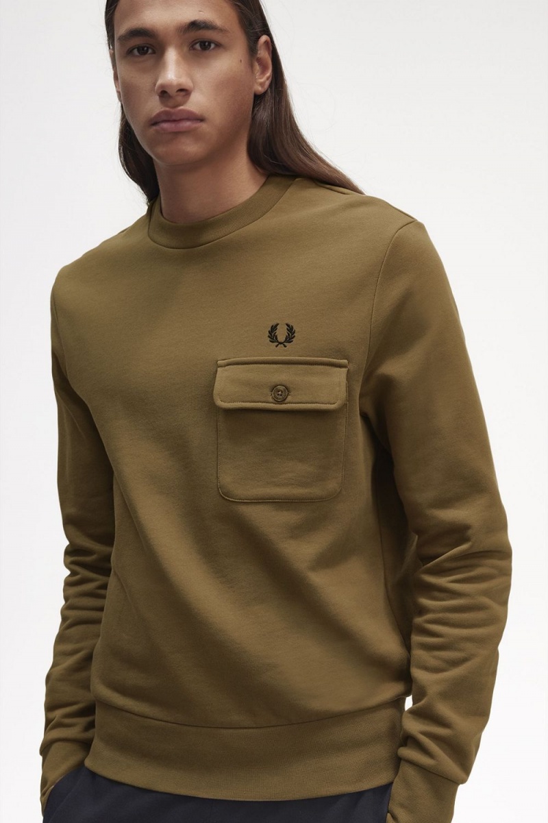 Fred Perry Pocket Detail Crew Neck Men's Sweatshirts Brown | JBLYK6429