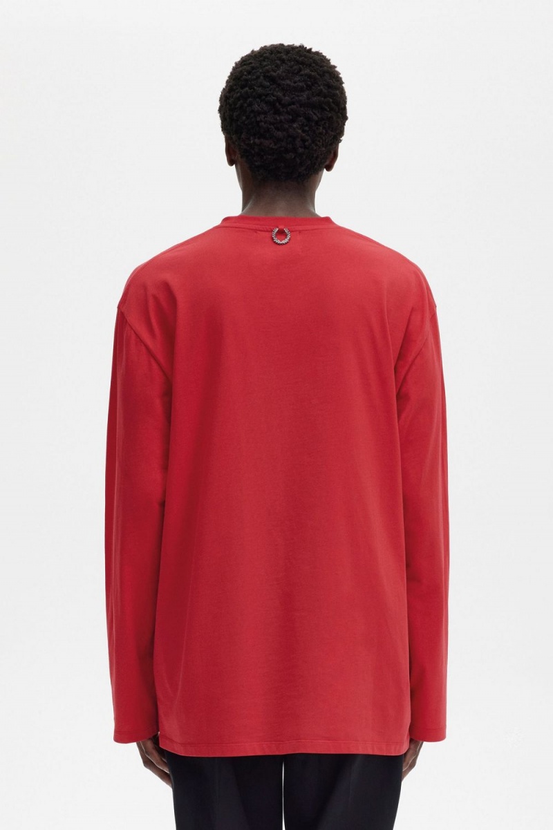 Fred Perry Printed Long Sleeve Men's T-Shirt Red | QKNJW0578