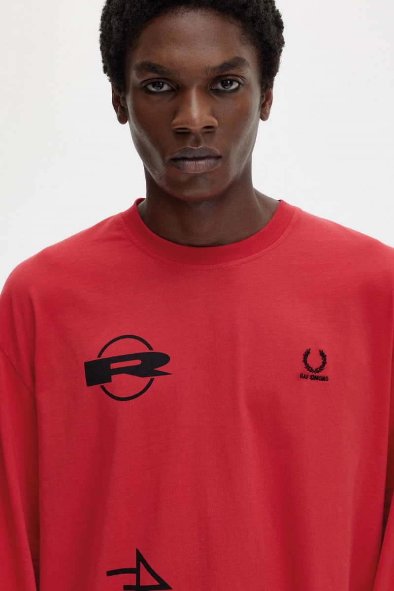 Fred Perry Printed Long Sleeve Men's T-Shirt Red | QKNJW0578