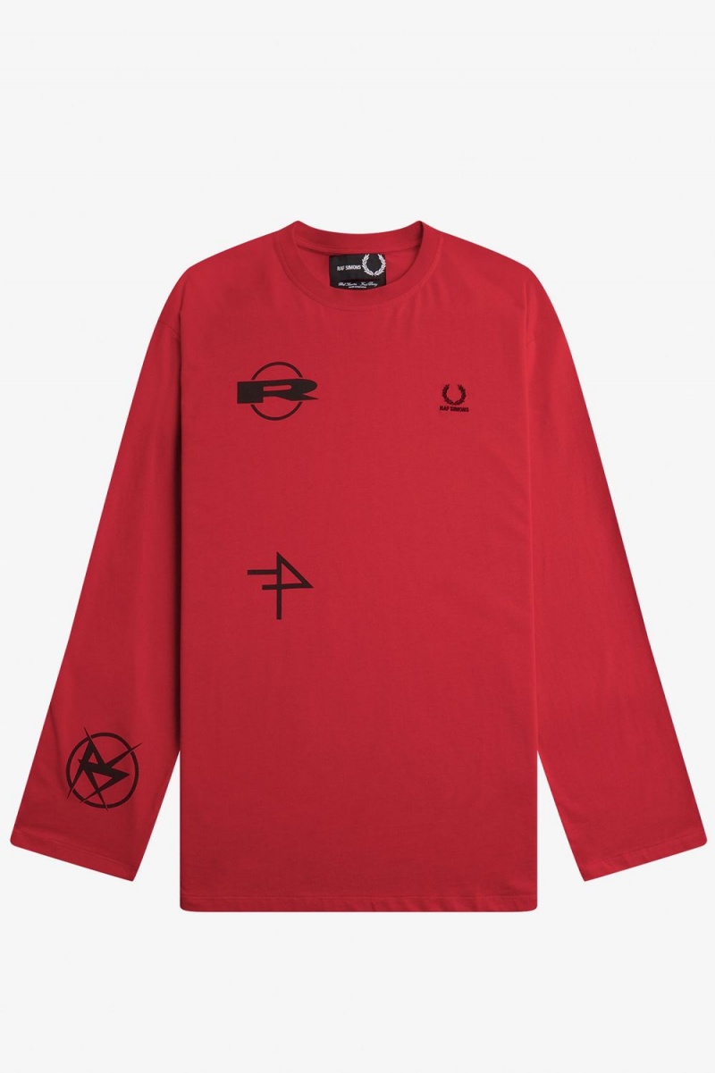 Fred Perry Printed Long Sleeve Men's T-Shirt Red | QKNJW0578