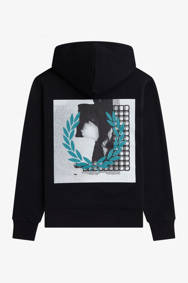 Fred Perry Rave Graphic Hooded Men's Sweatshirts Black | QIJOY1745