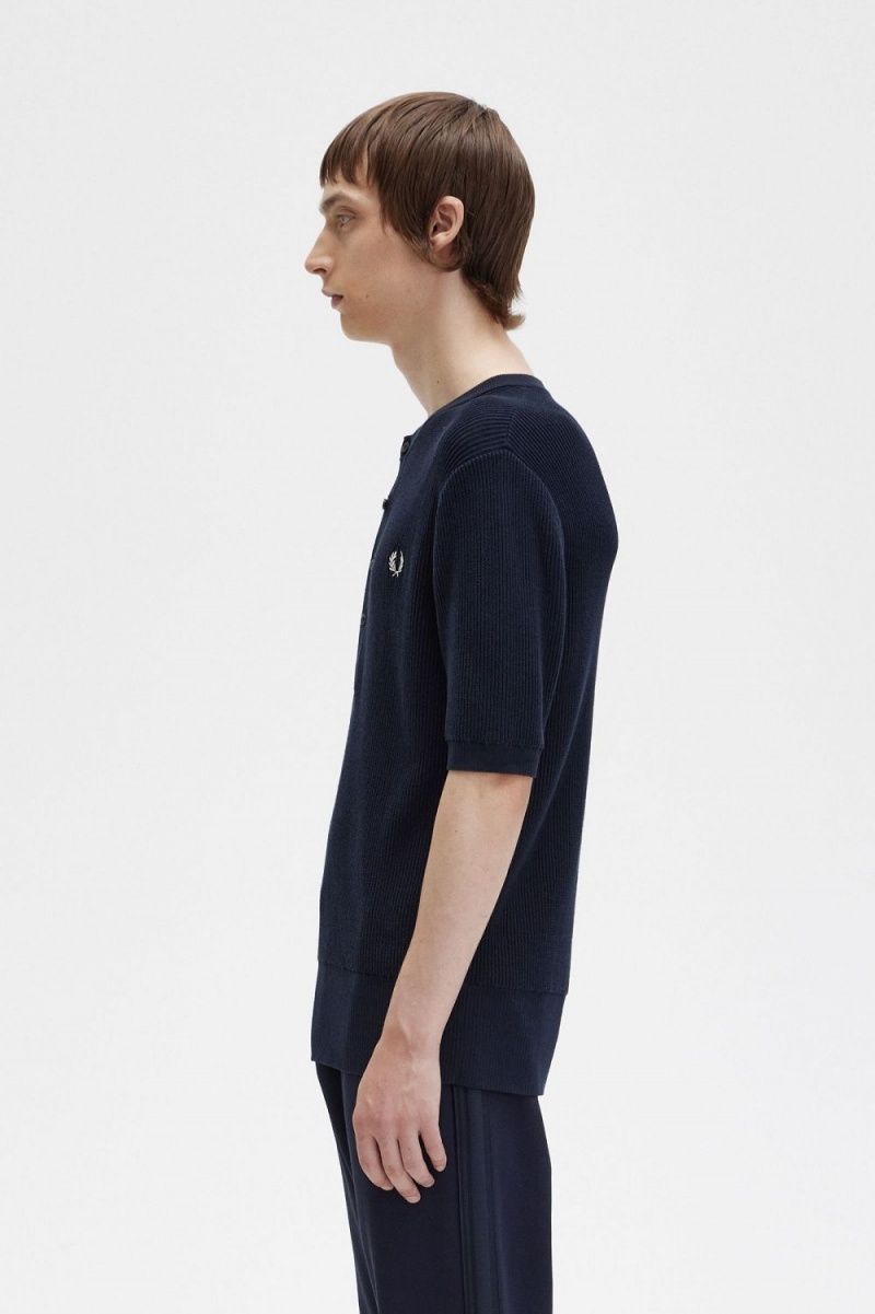 Fred Perry Ribbed Knitted Men's Shirt Navy | KZTRW2435