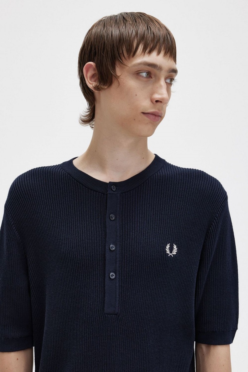 Fred Perry Ribbed Knitted Men's Shirt Navy | KZTRW2435