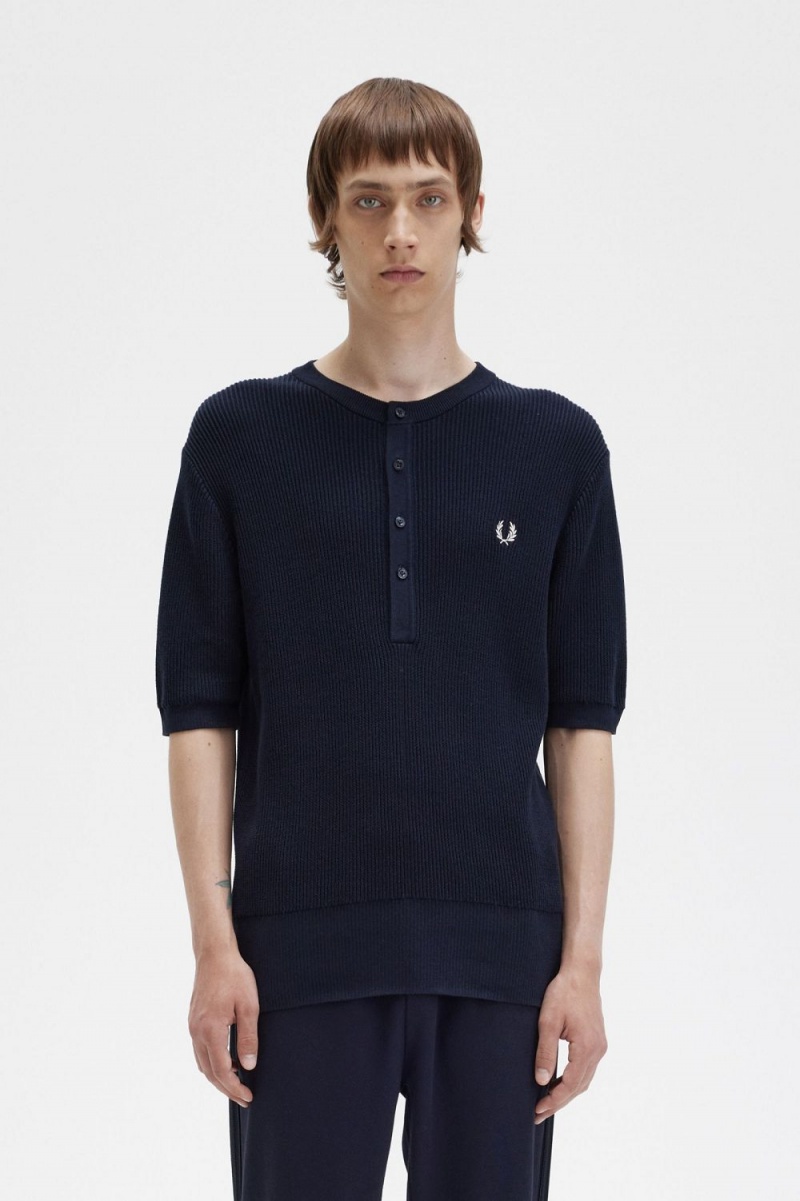 Fred Perry Ribbed Knitted Men\'s Shirt Navy | KZTRW2435