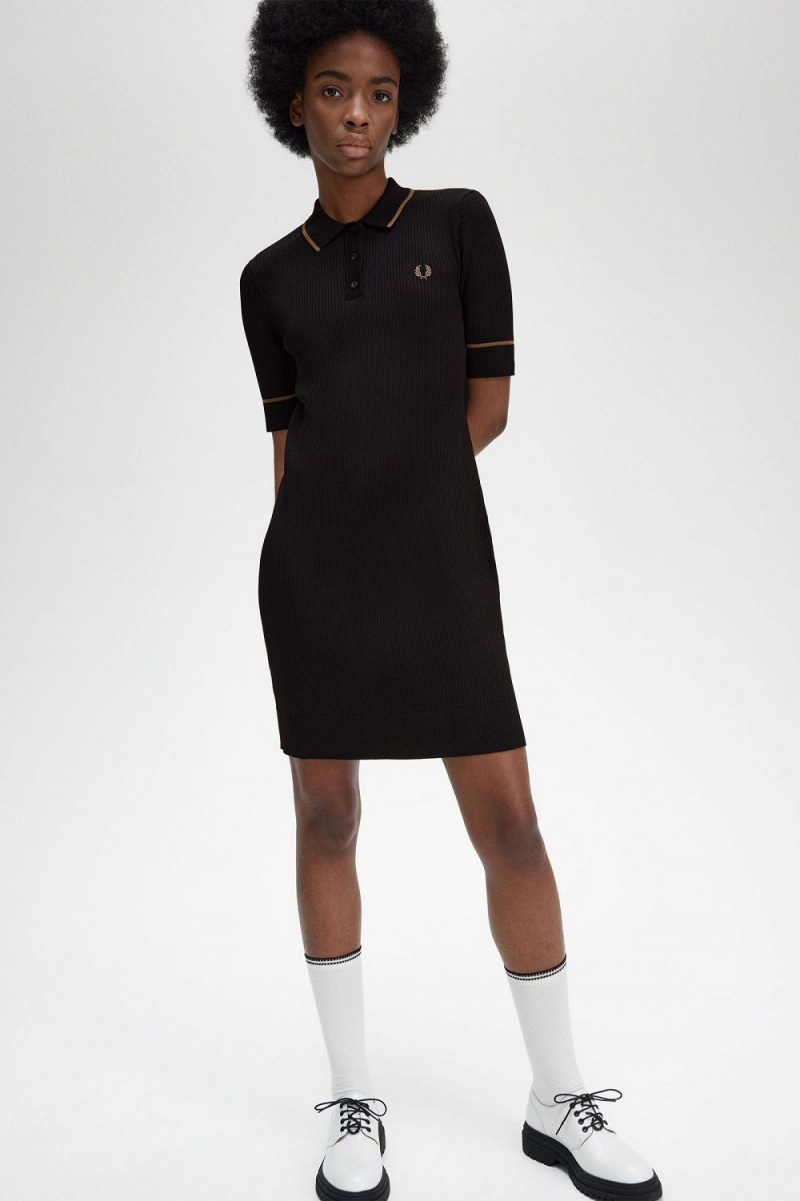 Fred Perry Ribbed Knitted Shirt Women's Dress Black | GFDRW9486