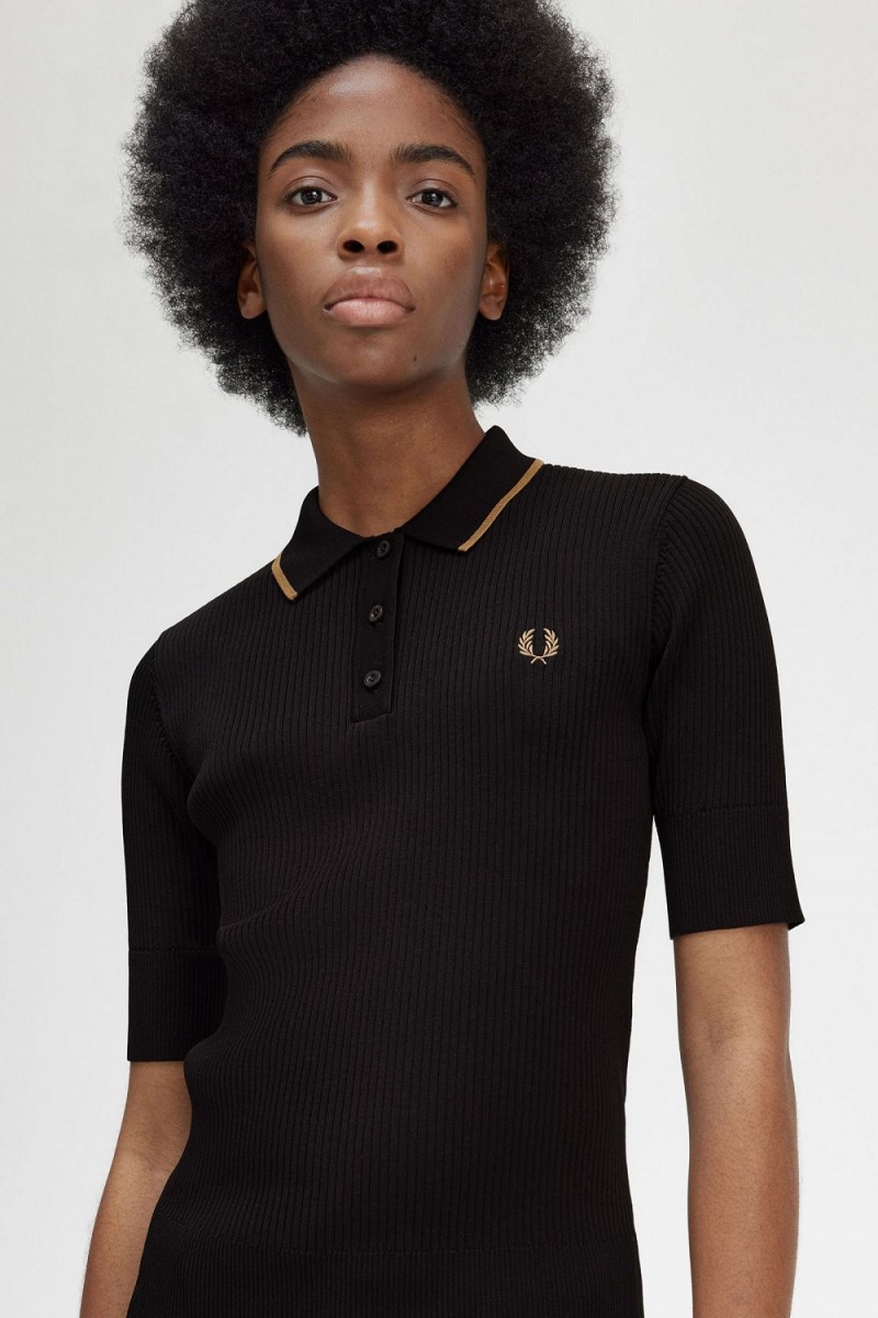 Fred Perry Ribbed Knitted Women's Shirt Black | HIAPG5168