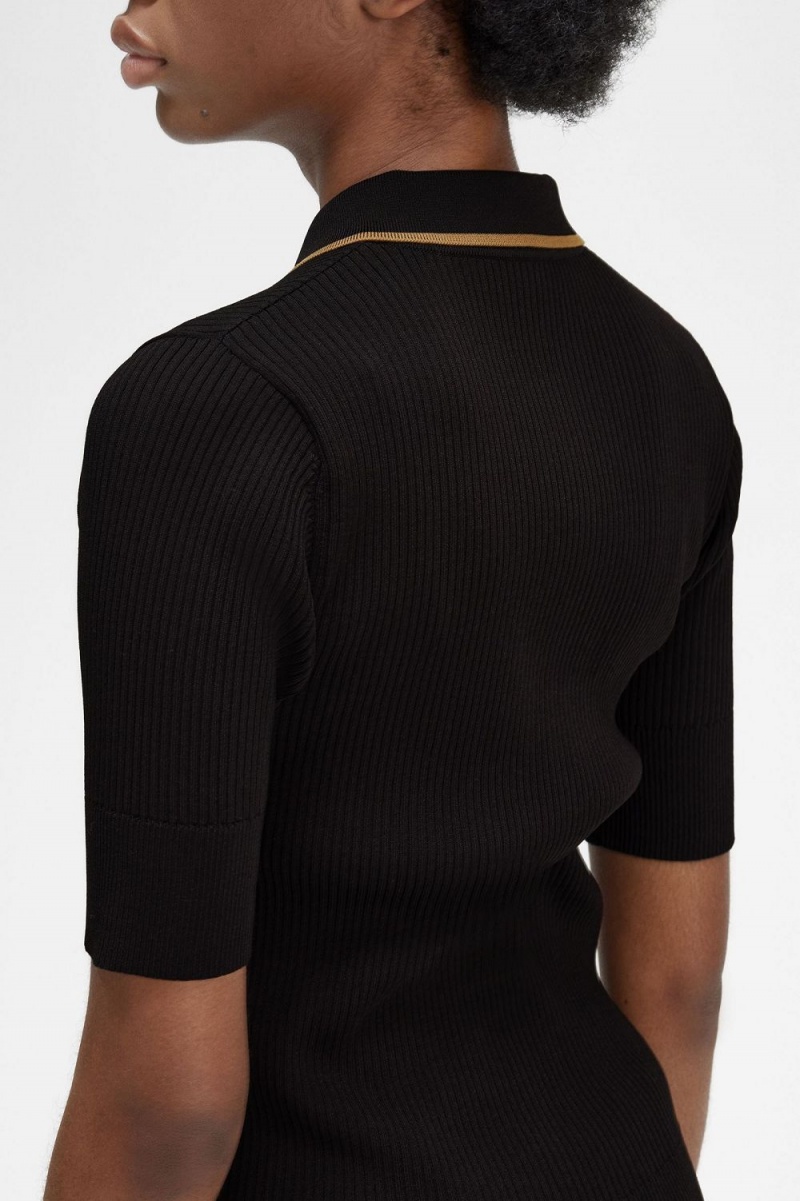 Fred Perry Ribbed Knitted Women's Shirt Black | HIAPG5168