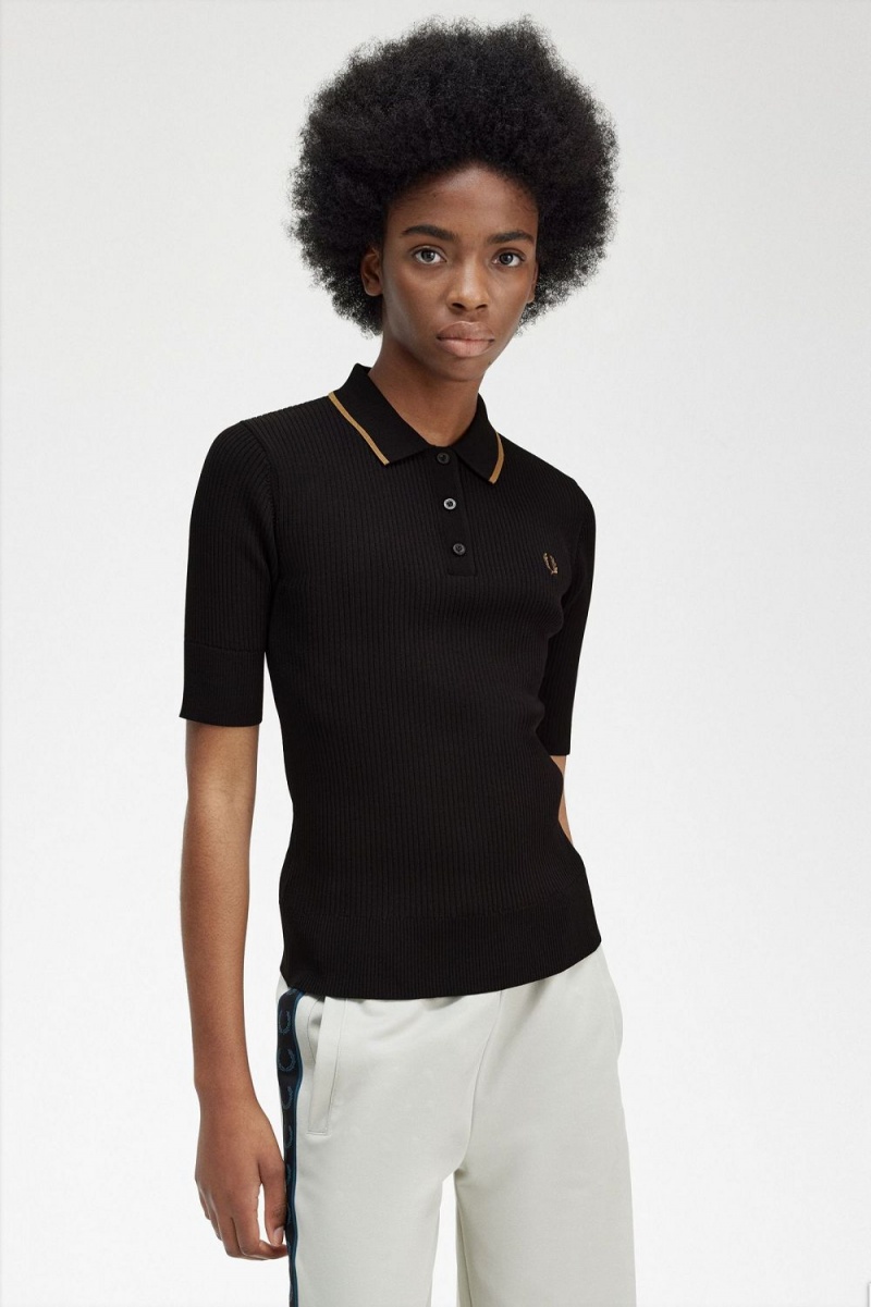 Fred Perry Ribbed Knitted Women's Shirt Black | HIAPG5168