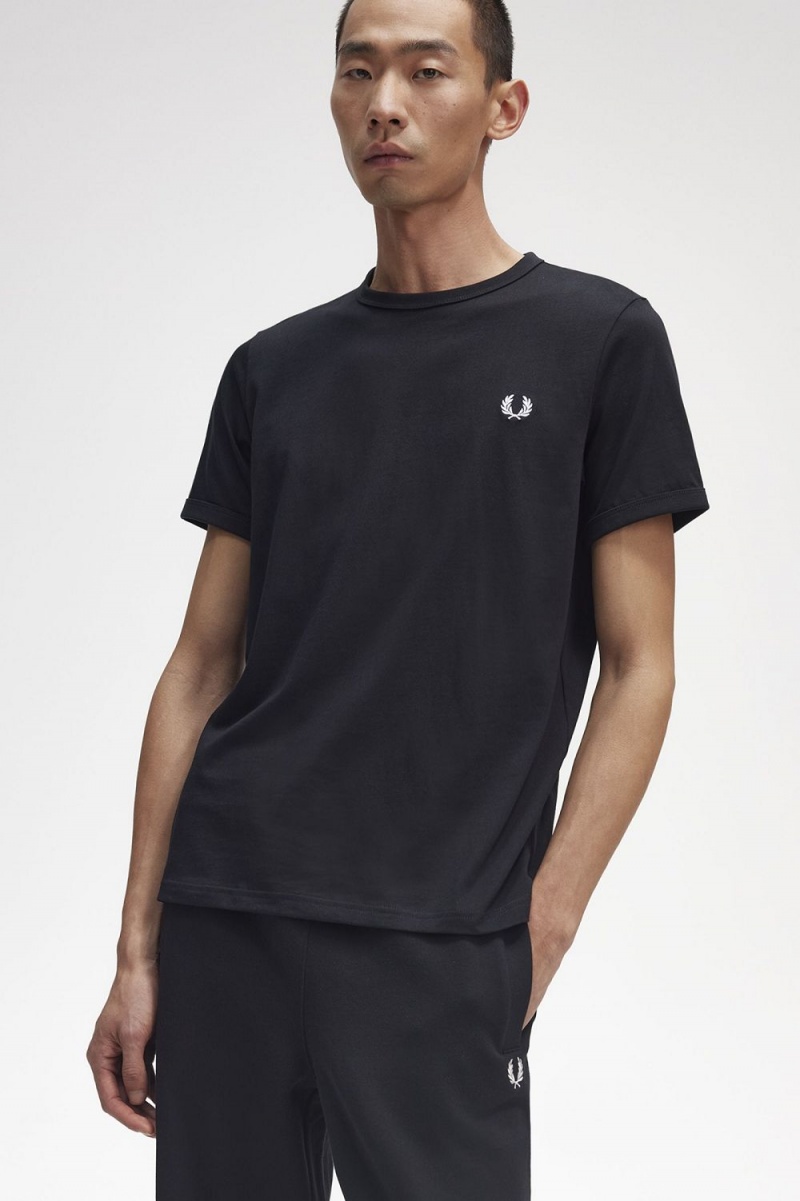 Fred Perry Ringer Men's T-Shirt Black | ATEPI6359