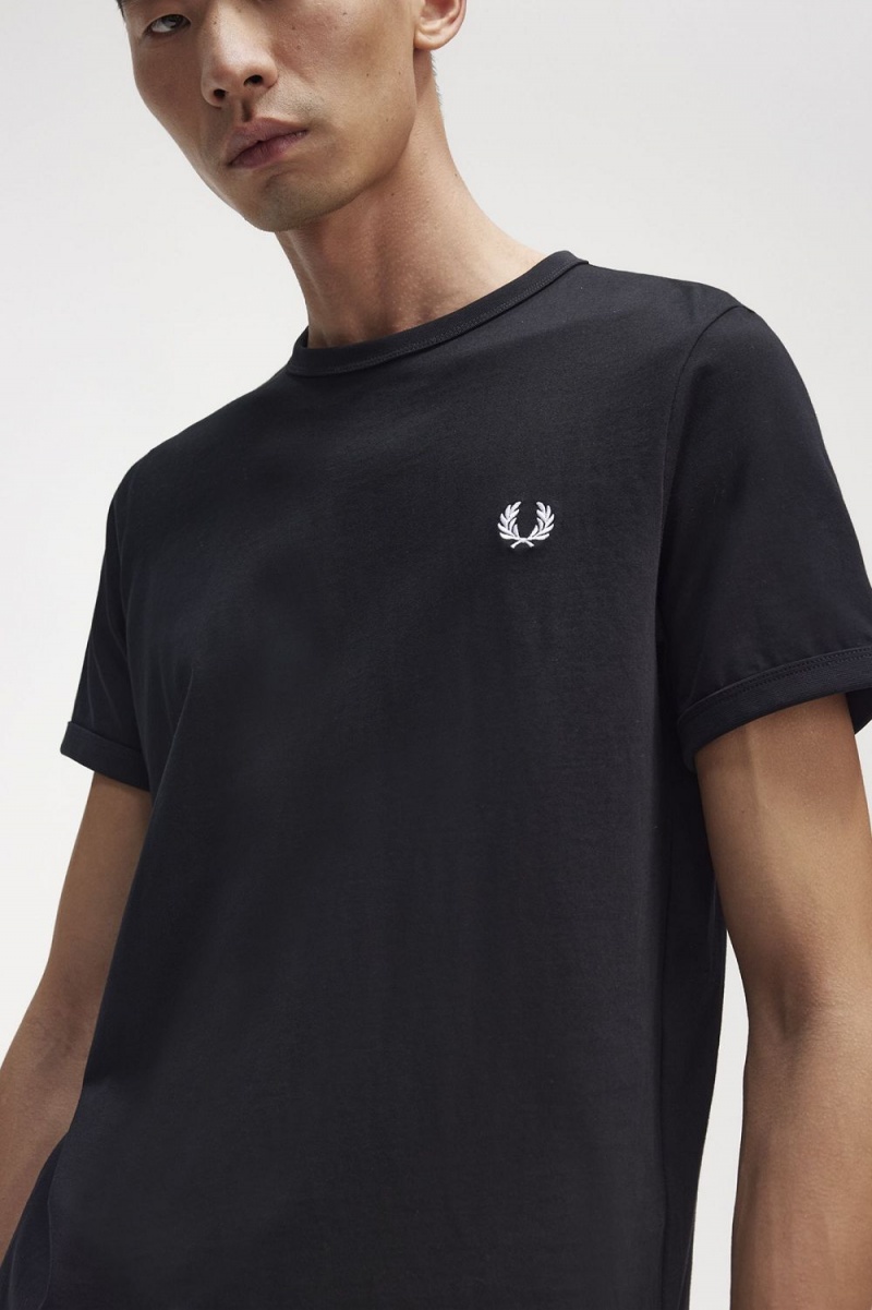 Fred Perry Ringer Men's T-Shirt Black | ATEPI6359