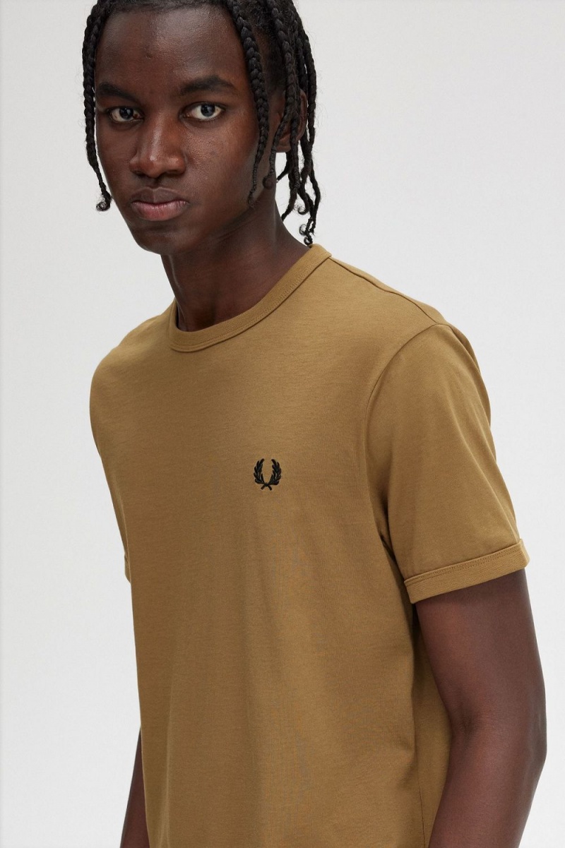 Fred Perry Ringer Men's T-Shirt Brown | VJNGA2318