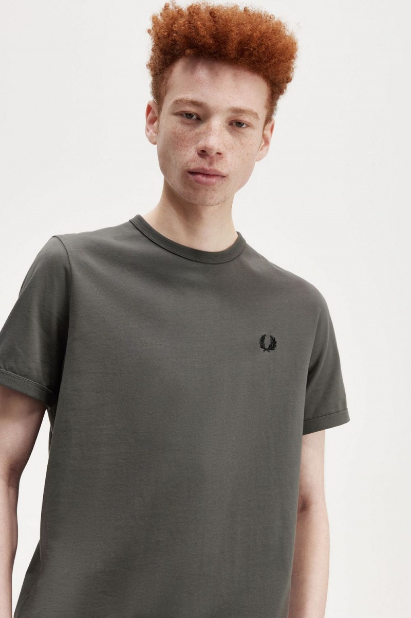 Fred Perry Ringer Men's T-Shirt Field Green | IHMKB0123