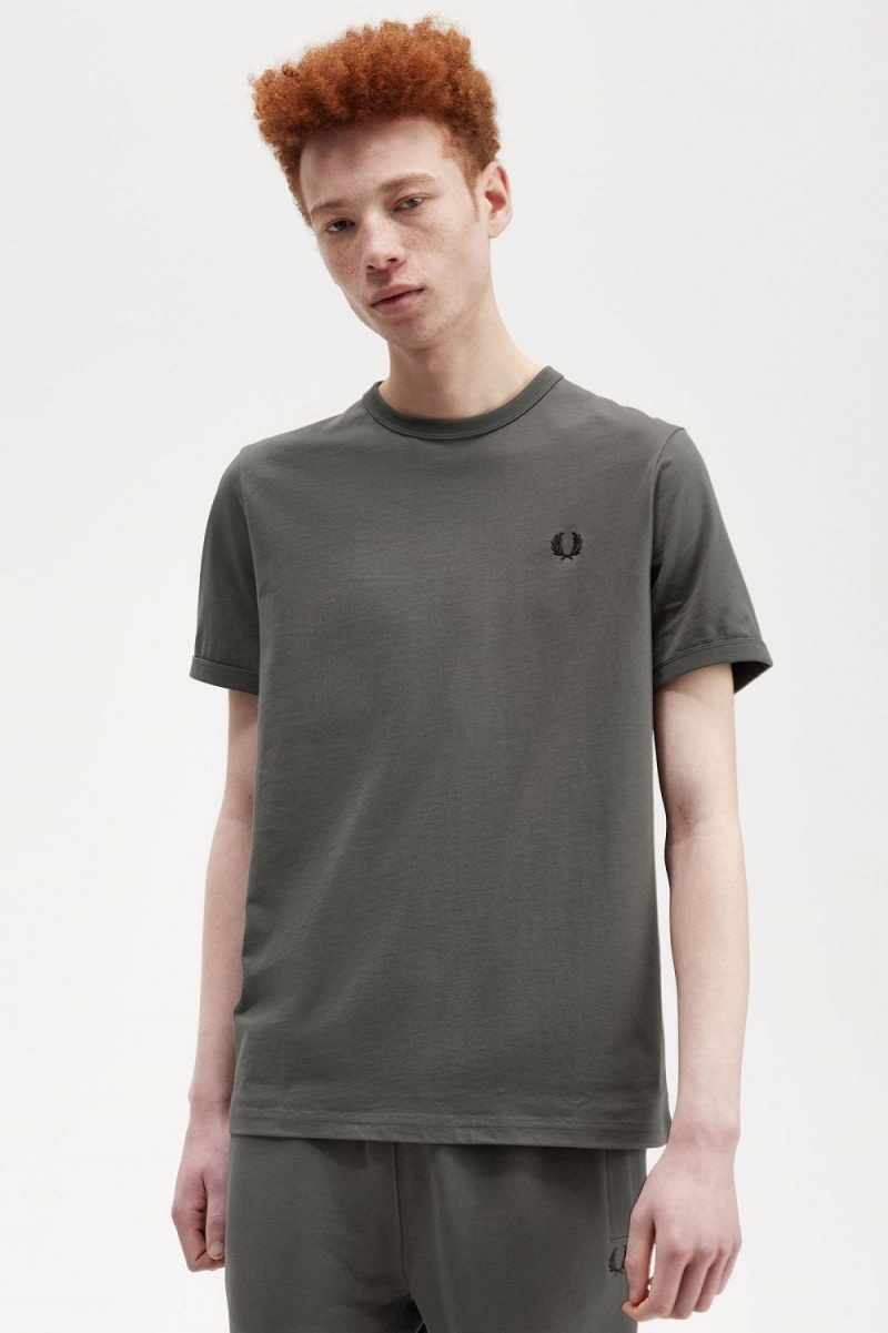 Fred Perry Ringer Men's T-Shirt Field Green | IHMKB0123