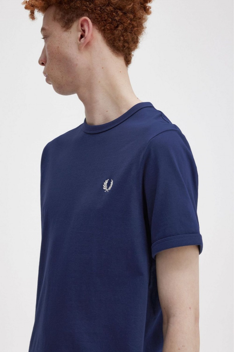 Fred Perry Ringer Men's T-Shirt French Navy Snow White | JPBQG0257