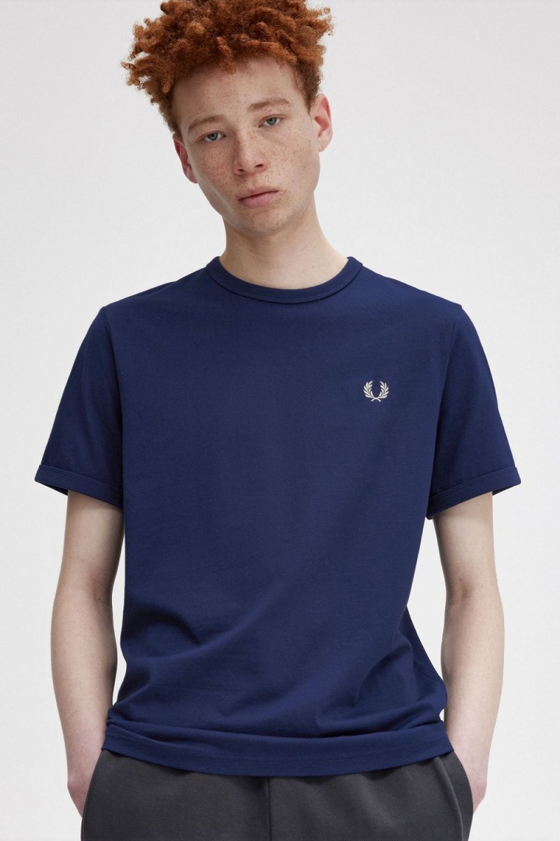 Fred Perry Ringer Men's T-Shirt French Navy Snow White | JPBQG0257