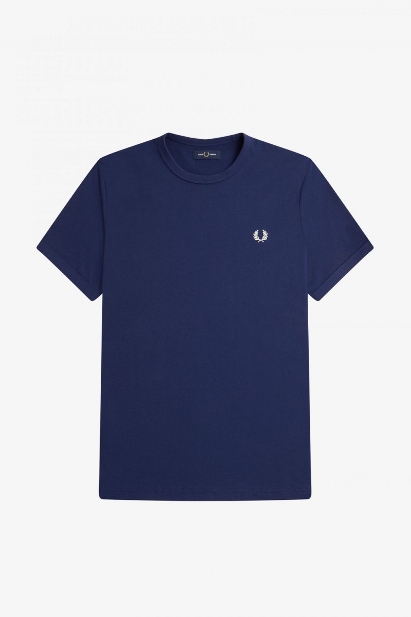 Fred Perry Ringer Men's T-Shirt French Navy Snow White | JPBQG0257