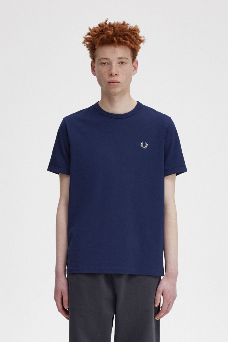 Fred Perry Ringer Men\'s T-Shirt French Navy Snow White | JPBQG0257