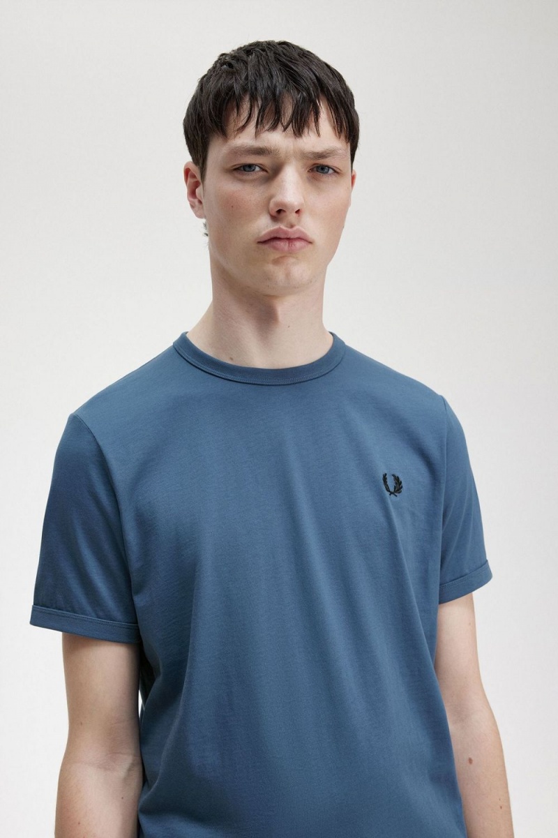 Fred Perry Ringer Men's T-Shirt Midnight Blue | DRSGZ4152