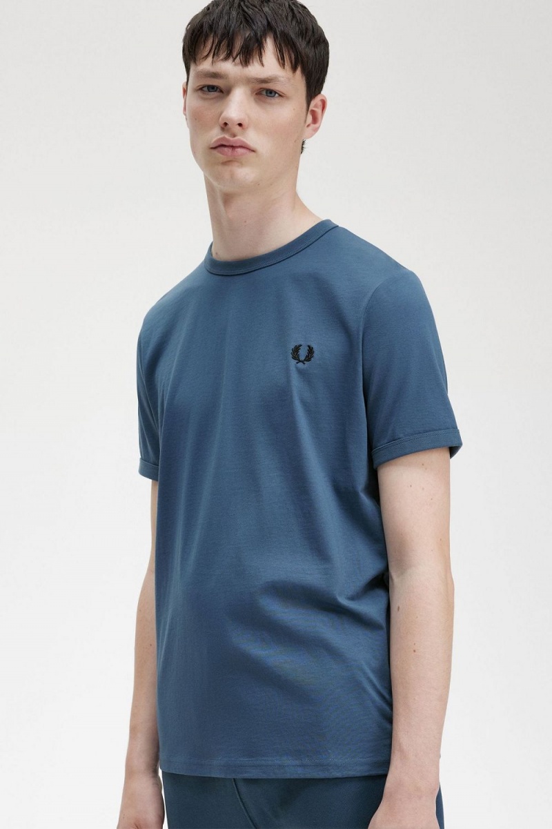 Fred Perry Ringer Men's T-Shirt Midnight Blue | DRSGZ4152