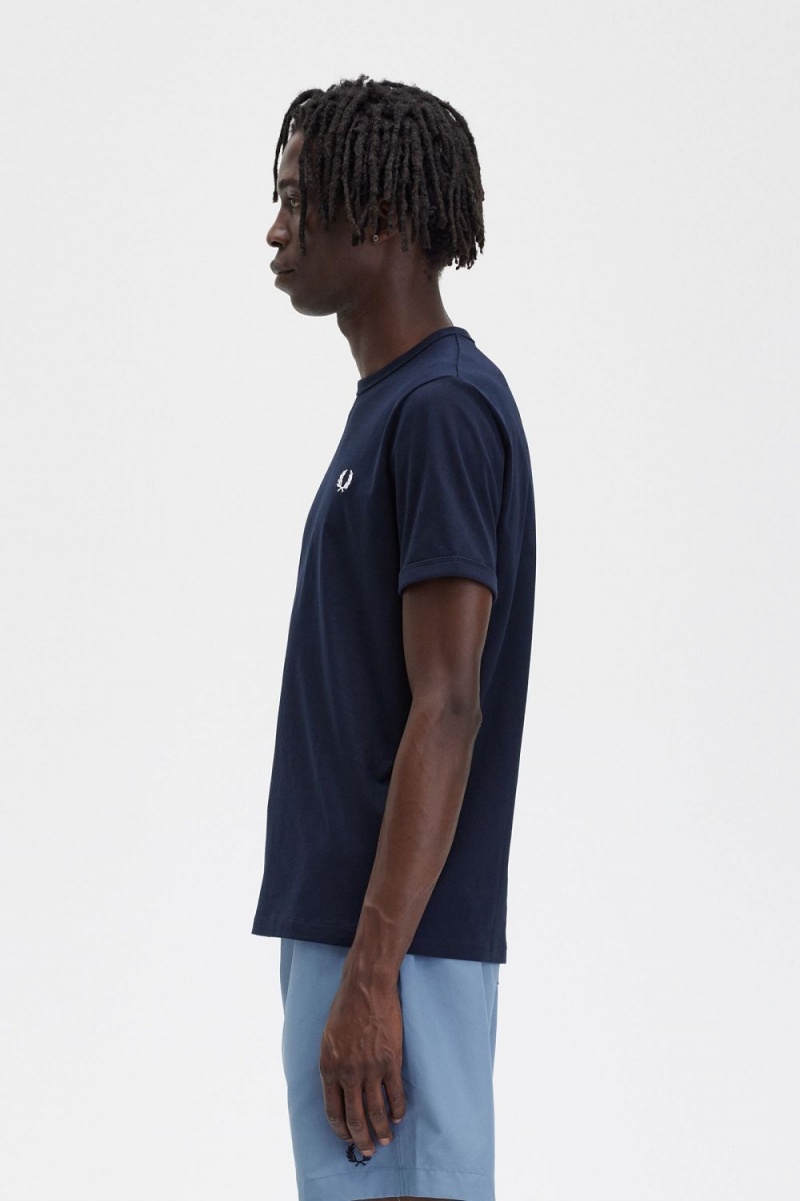 Fred Perry Ringer Men's T-Shirt Navy | WBNCK6905