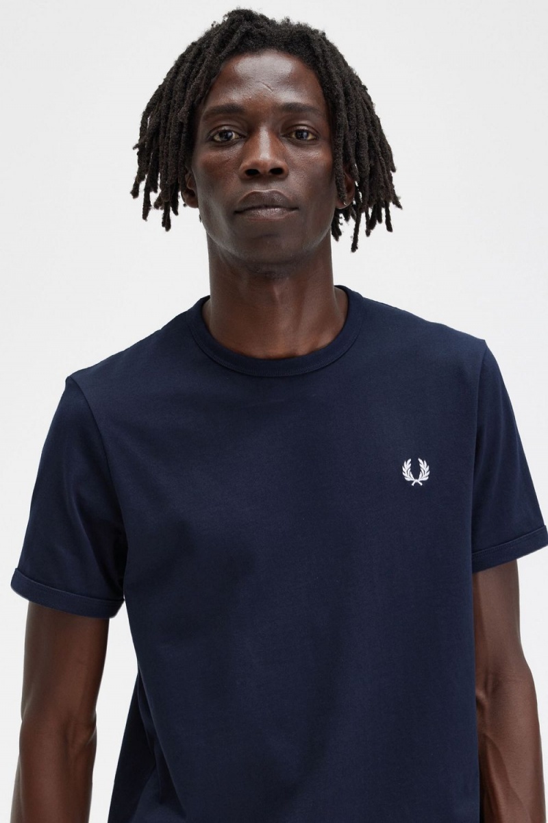 Fred Perry Ringer Men's T-Shirt Navy | WBNCK6905