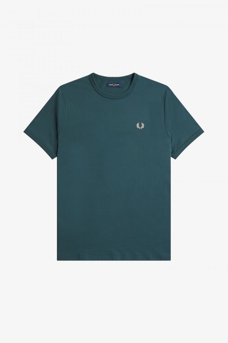 Fred Perry Ringer Men's T-Shirt Petrol Blue | NBUSE8645