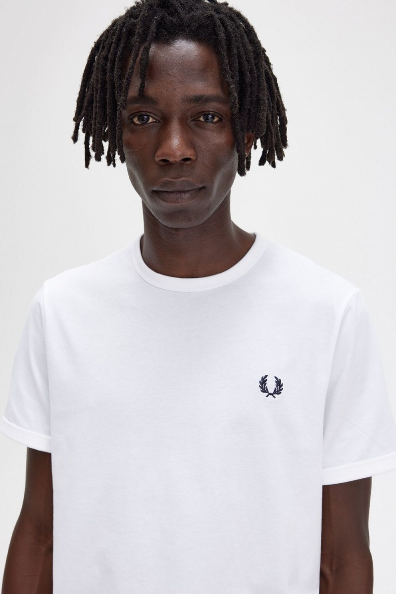 Fred Perry Ringer Men's T-Shirt White | NDTPZ2810