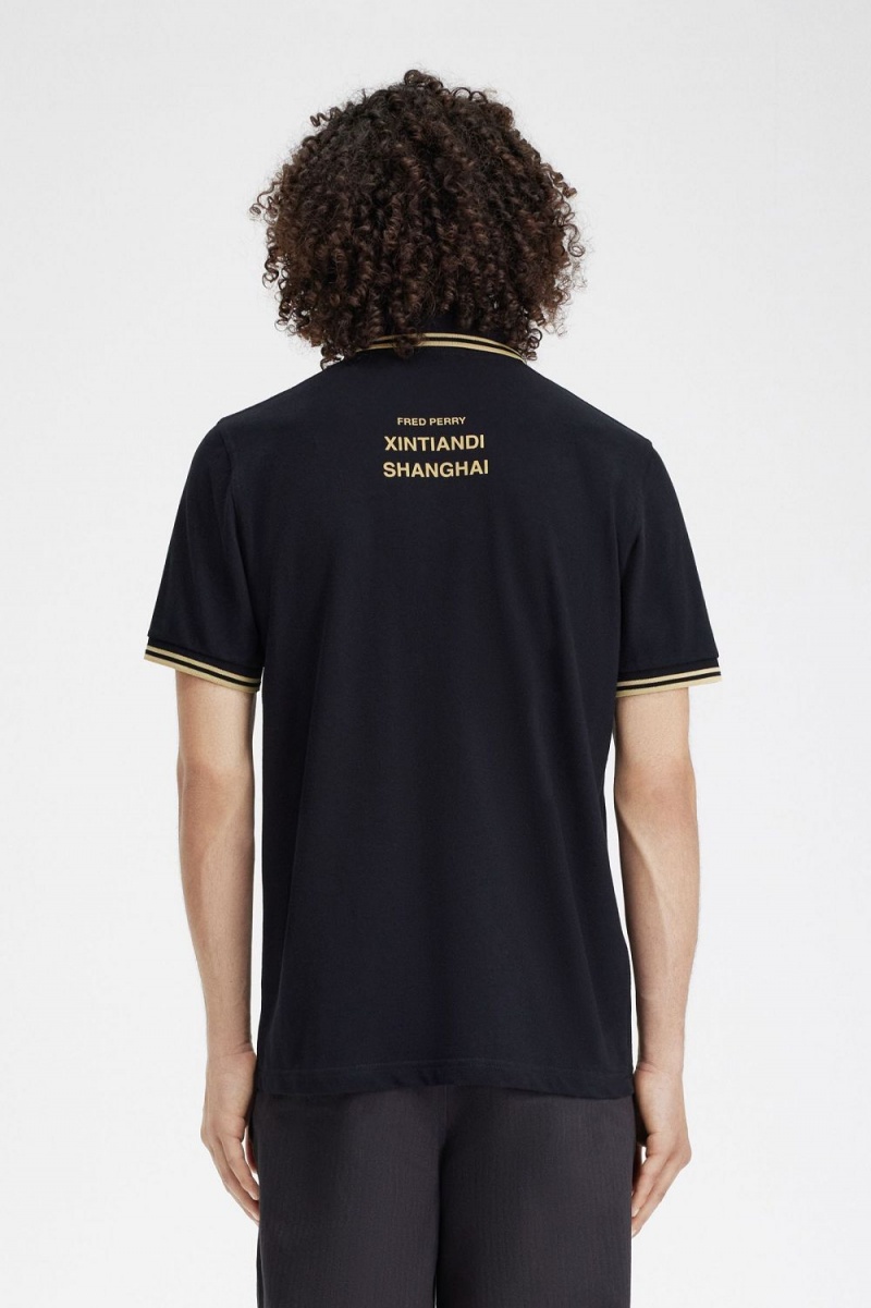 Fred Perry Shanghai M12 Men's Polo Shirt Black Champagne | EXBZG3065