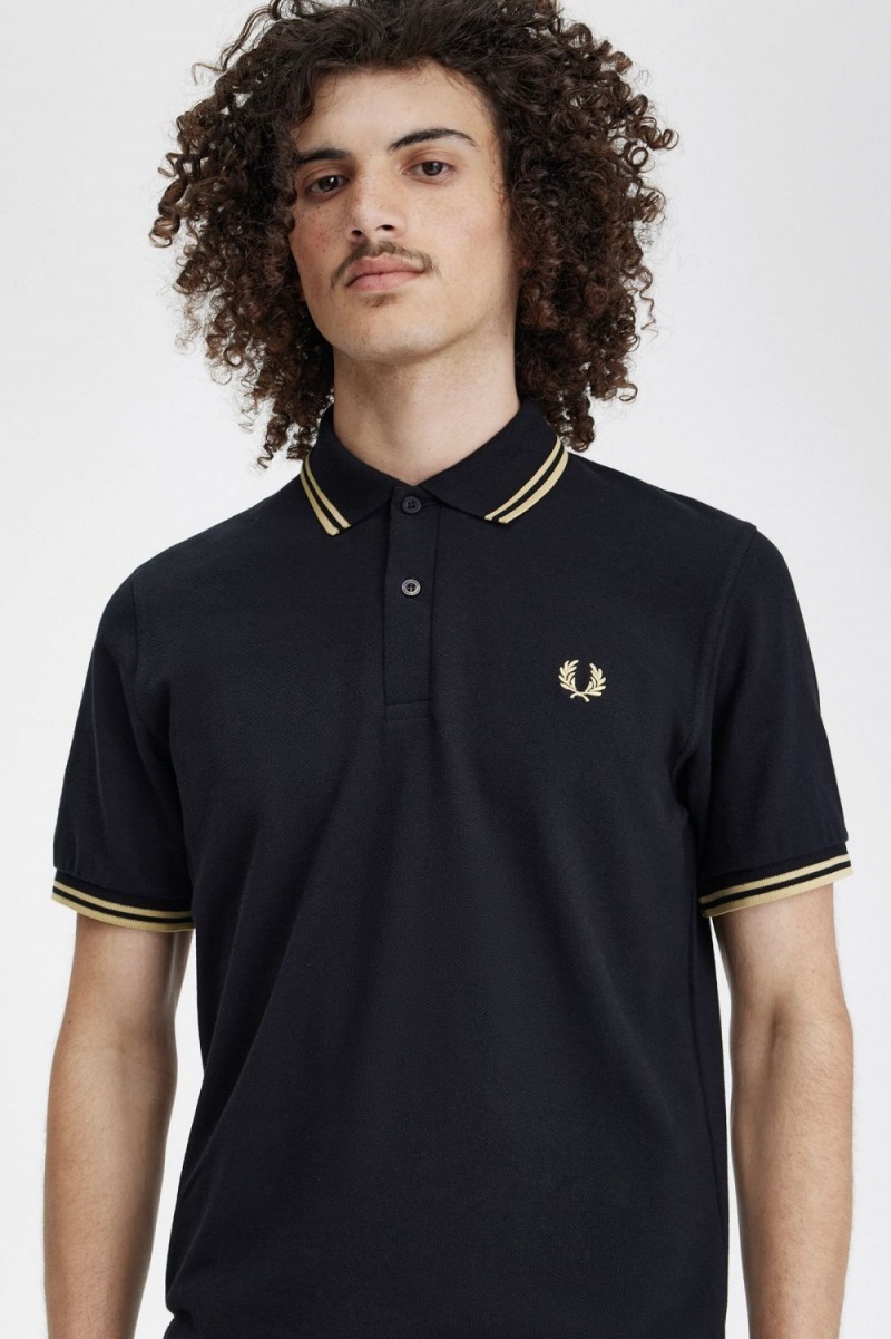 Fred Perry Shanghai M12 Men's Polo Shirt Black Champagne | EXBZG3065