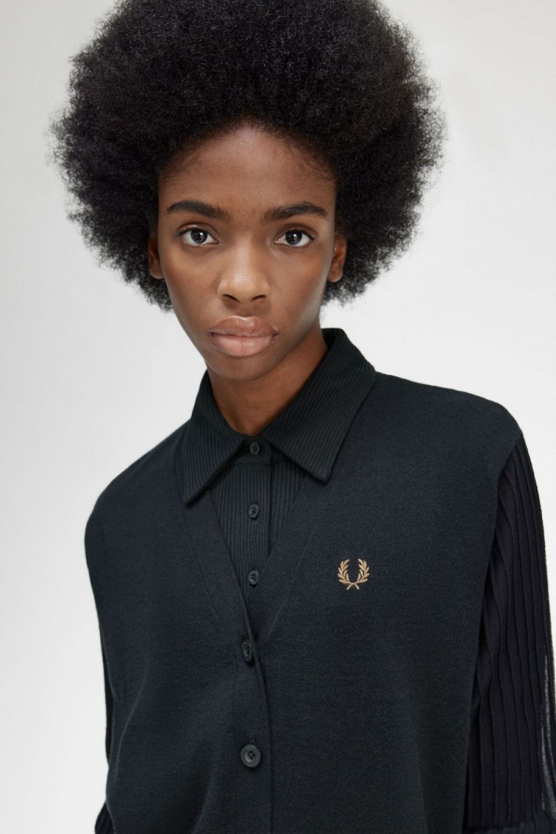 Fred Perry Sheer Sleeve Women's Cardigan Black | LQHSM5629